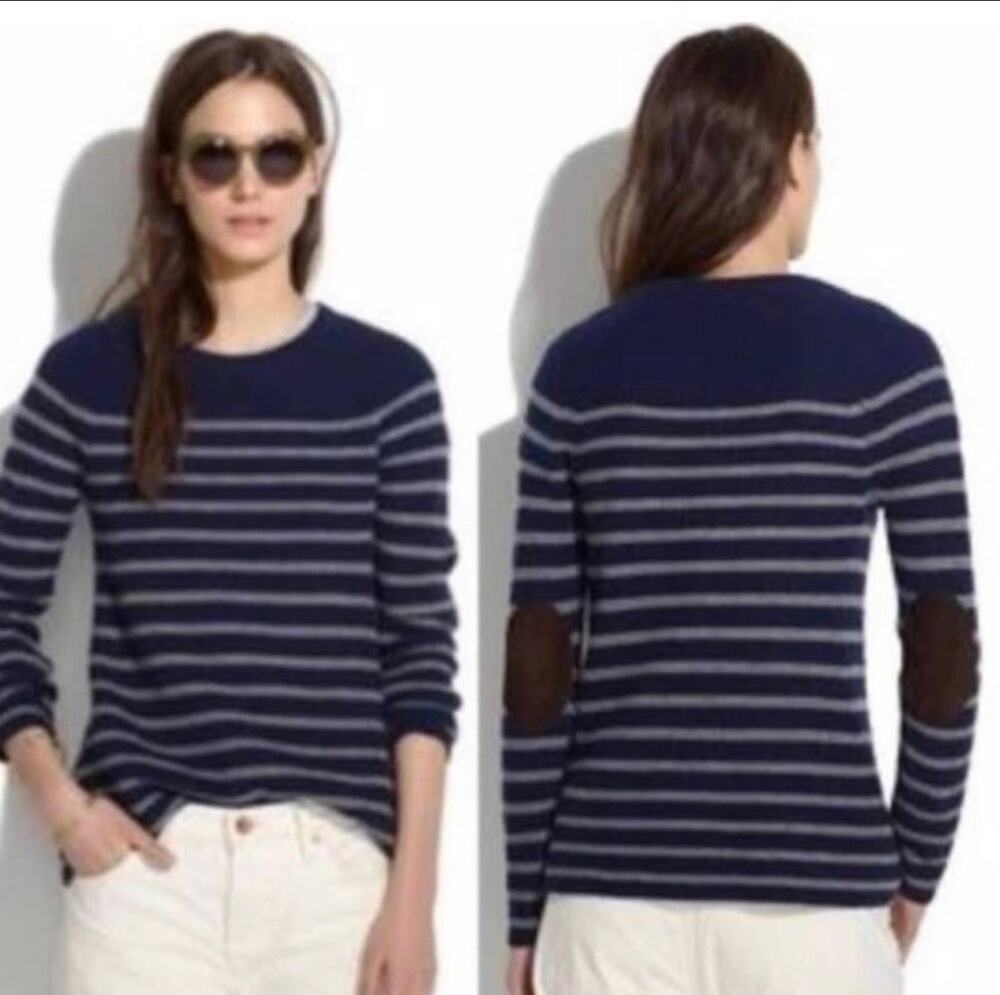 Madewell elbow patch striped sweater navy and gray small